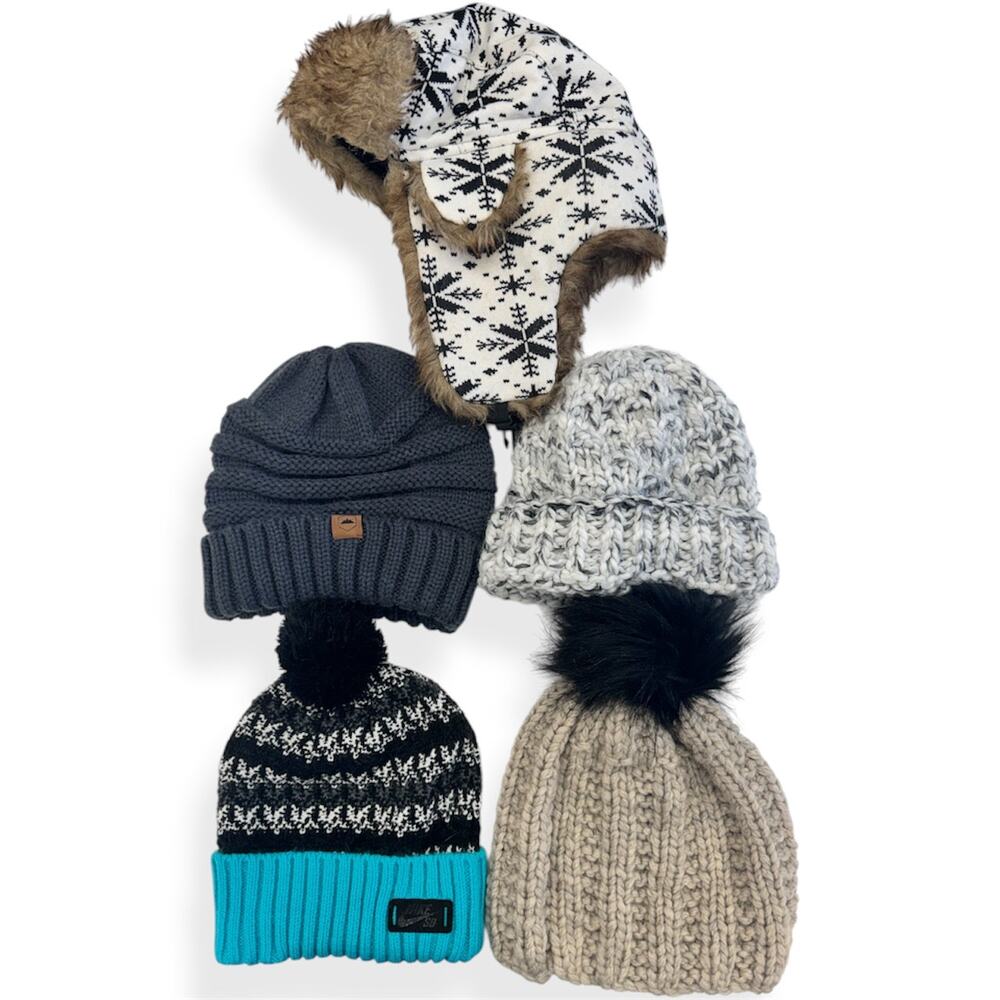 Winter Hat Bundle Lot of 5 Beanies, Pom Hats & Faux Fur Trapper Hat Mixed Styles